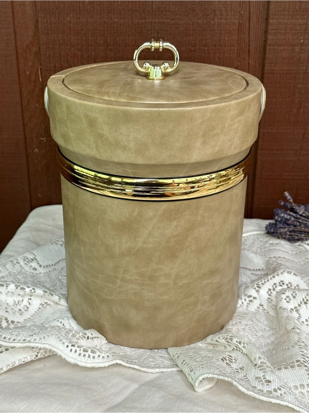 Vintage Shelton Ware Mid Century Ice Bucket Tan Faux Leather Gold Trim